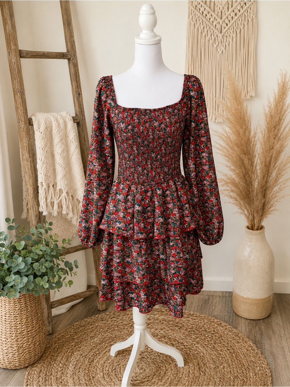 BTFBM Dress Size 8 Floral Smocked Tiered Mini Dress - Red Floral